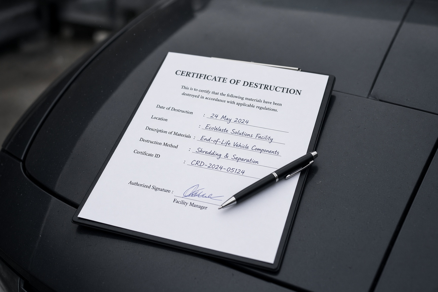 A signed certificate of destruction on a clipboard resting on a dark vehicle bonnet, pen laid across it.