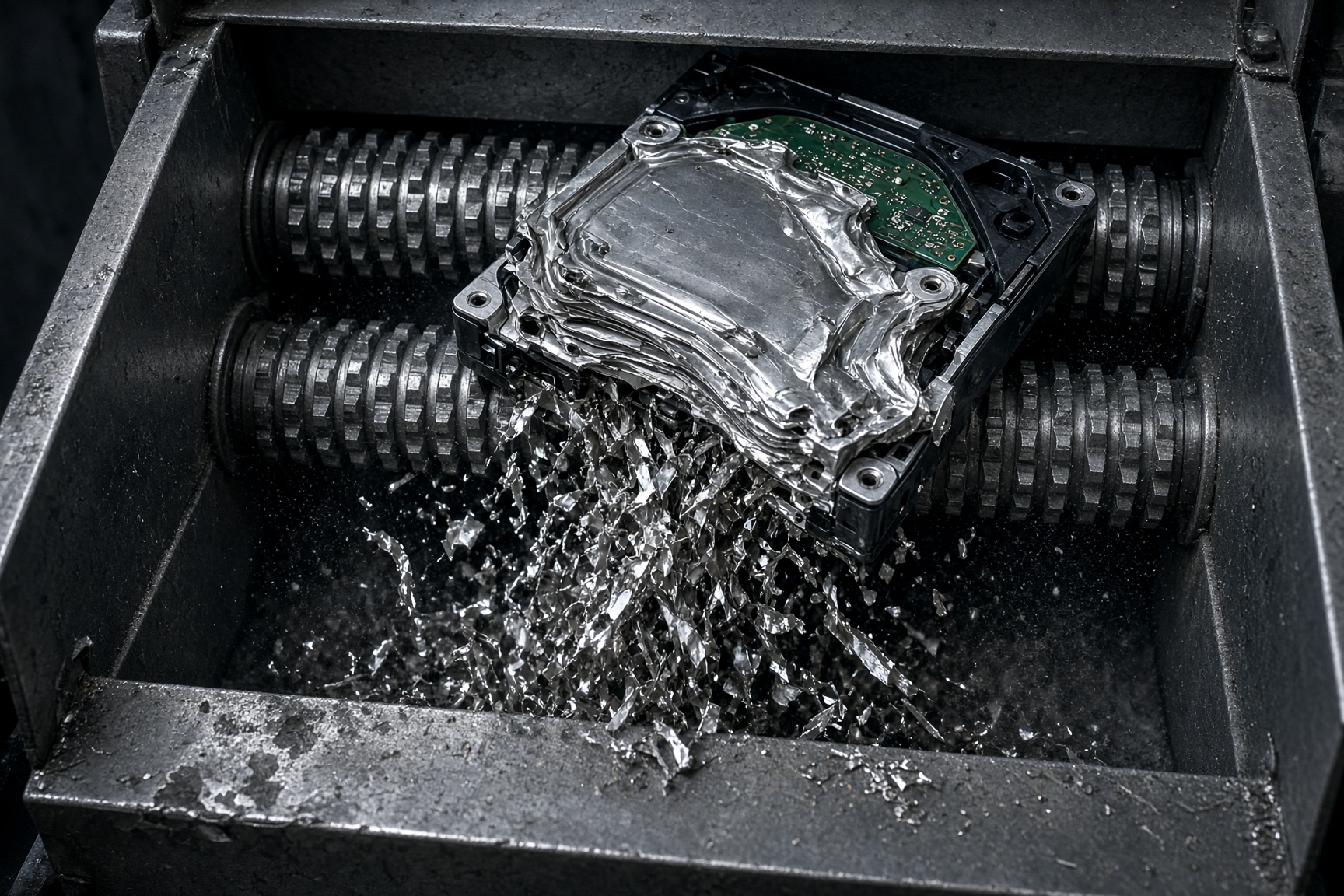 A hard drive half-crushed between the toothed rollers of a shredder, aluminium fragments falling into the bin below.